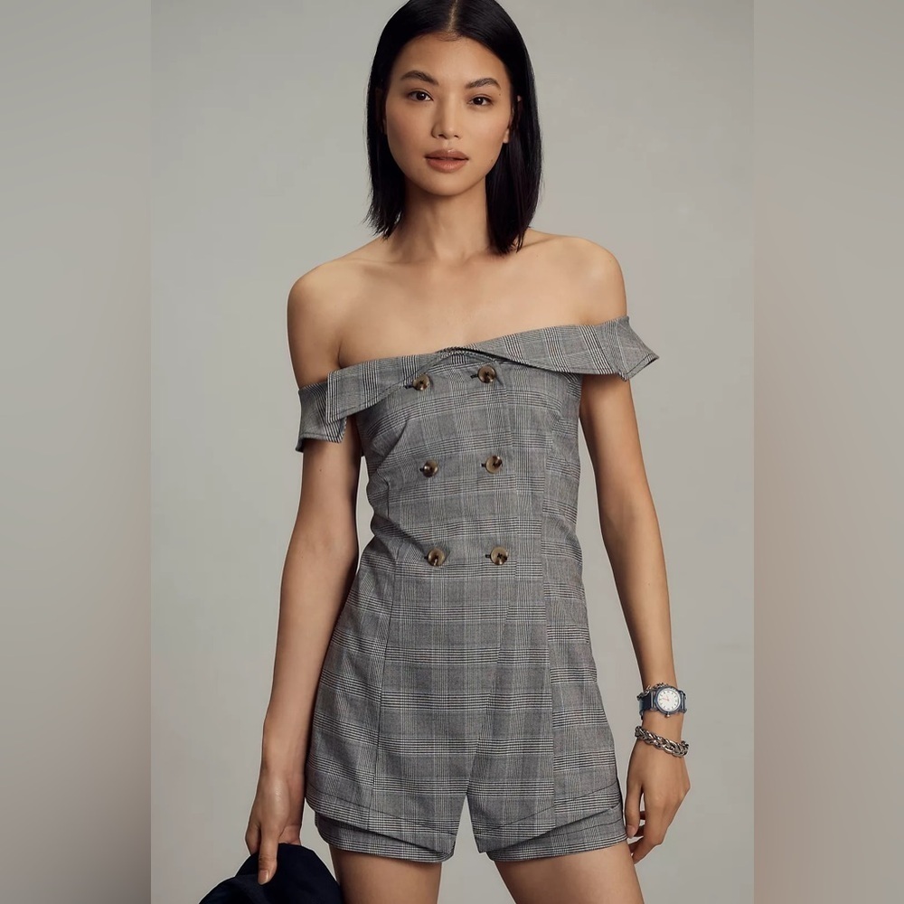 NWT! Anthropologie Maeve Off-The-Shoulder Button-Front Menswear Romper  Size 2🐚